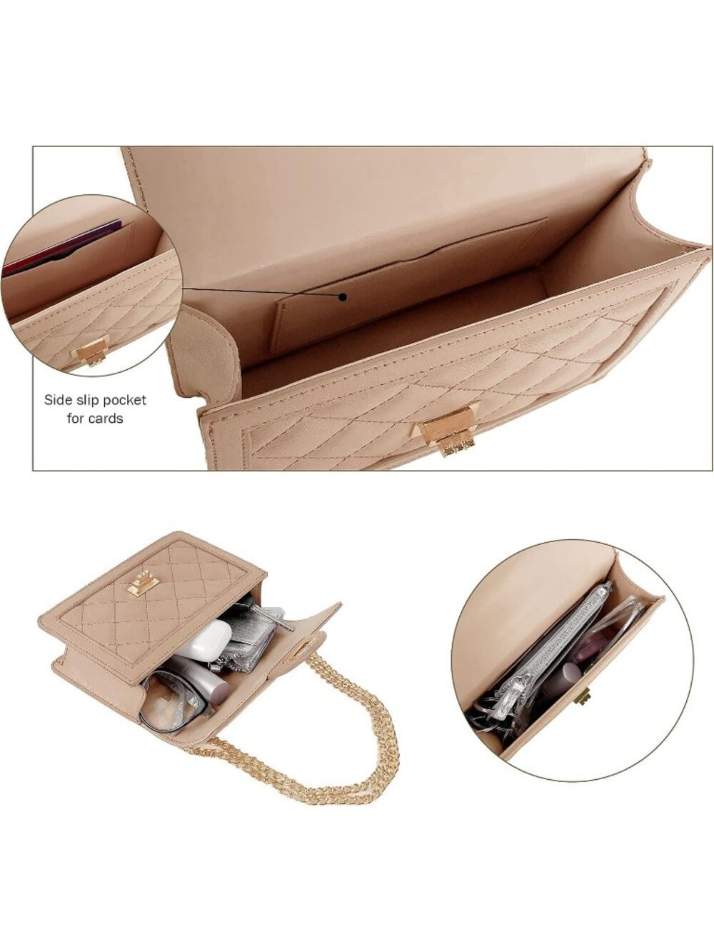 👜Women's Nude Quilted Chain Crossbody Mini Shoulder Bag Phone Wallet Purse - Picture 6 of 6
